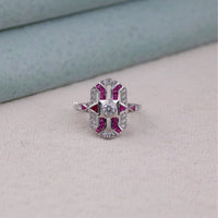 Silver ring with red gemstones on a light gray surface, Fancy CZ Pink Ring, Retro Art Deco Filigree Ring, Unique Promise Ring for Her
