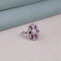 Silver ring with red gemstones and a diamond on a light gray surface, Vintage Navette Engagement Ring, Feminine CZ Statement Ring, Gift for Her Art Deco Jewelry