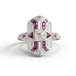 Elegant ring with pink gemstones and a central diamond on a white background, Openwork Bezel Set Art Deco Navette Ring, Fancy Pink & Round CZ Stone Vintage-Inspired Statement Ring