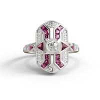 Elegant ring with pink gemstones and a central diamond on a white background, Openwork Bezel Set Art Deco Navette Ring, Fancy Pink & Round CZ Stone Vintage-Inspired Statement Ring