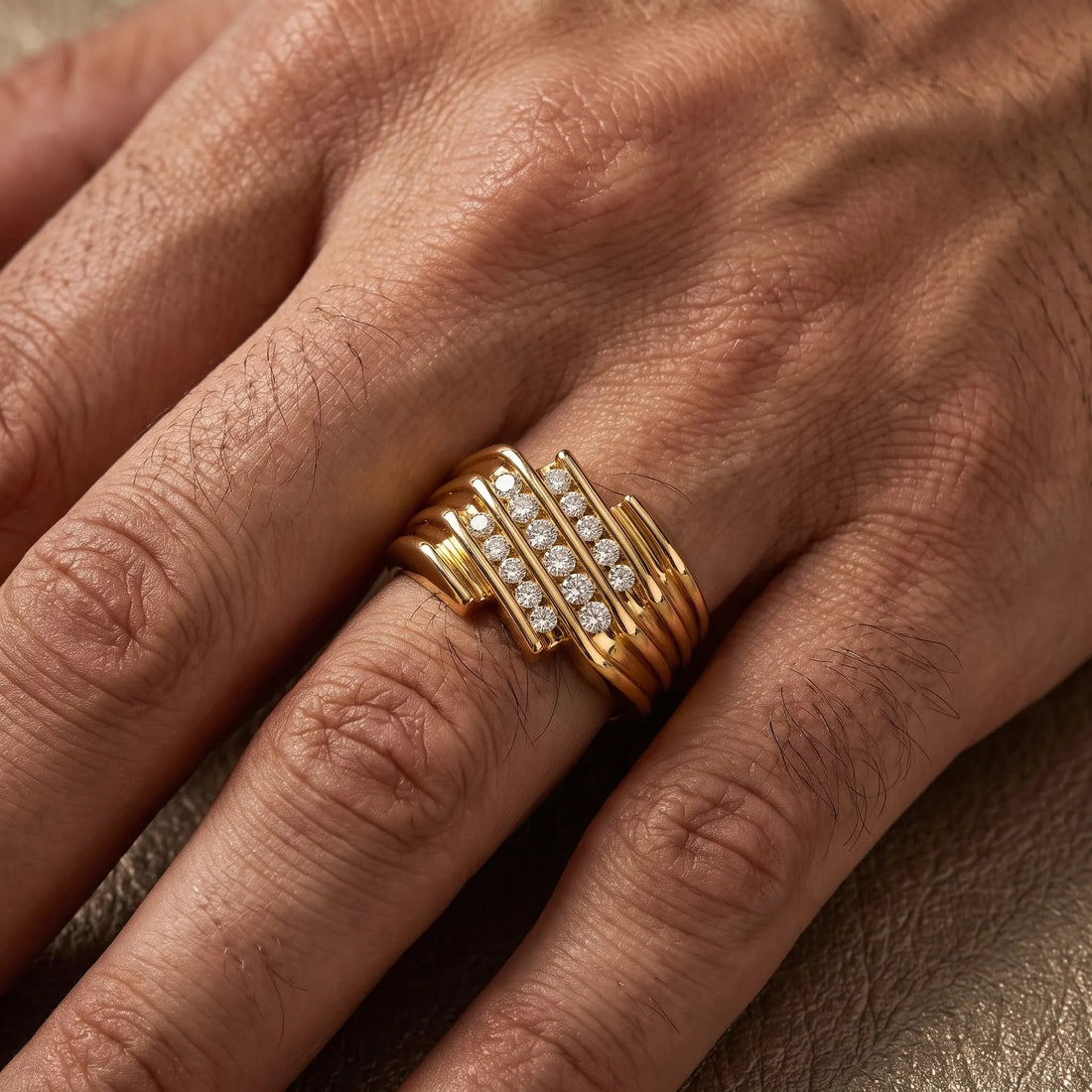 OctaPearl Channel Set Round Multi Row Lab Grown Diamond Men's Statement Ring