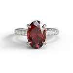 Ring with a large red gemstone and smaller diamonds on a white background, Red Garnet Oval CZ Stone Hidden Halo Engagement Ring, Oval Cut Red Garnet CZ Wedding Ring, Hidden Halo Garnet Inspired Bridal Ring