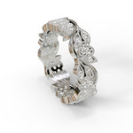 Pair of silver earrings with intricate designs on a white background, Vintage Moissanite Eternity Band, Art Deco Leaf Wedding Ring, Milgrain Moissanite Band, Leaf Motif Stackable Ring