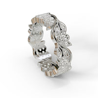 Pair of silver earrings with intricate designs on a white background, Vintage Moissanite Eternity Band, Art Deco Leaf Wedding Ring, Milgrain Moissanite Band, Leaf Motif Stackable Ring