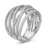 Silver ring with multiple intertwined bands on a white background