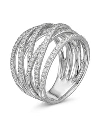Silver ring with multiple intertwined bands on a white background