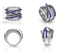 Silver rings with blue and clear gemstones on a white background