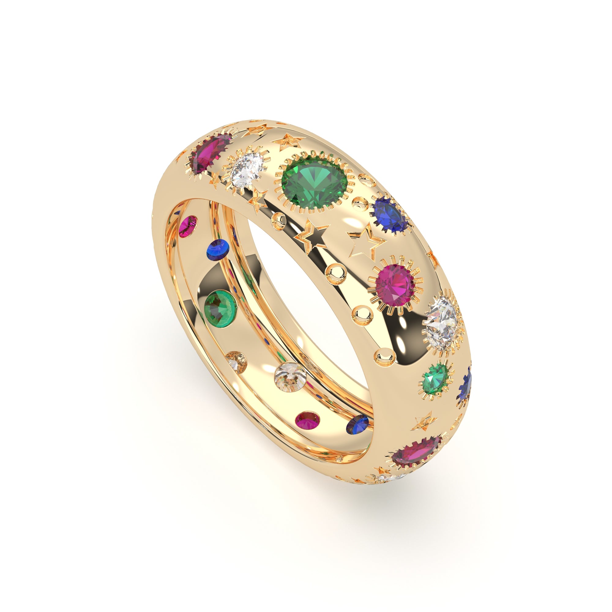 Multi Gemstone Gold Band Ring – Colorful Sapphire Ruby Emerald