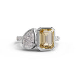 Light Yellow Emerald Cut and White Pear Moissanite Toi Et Moi Engagement Ring