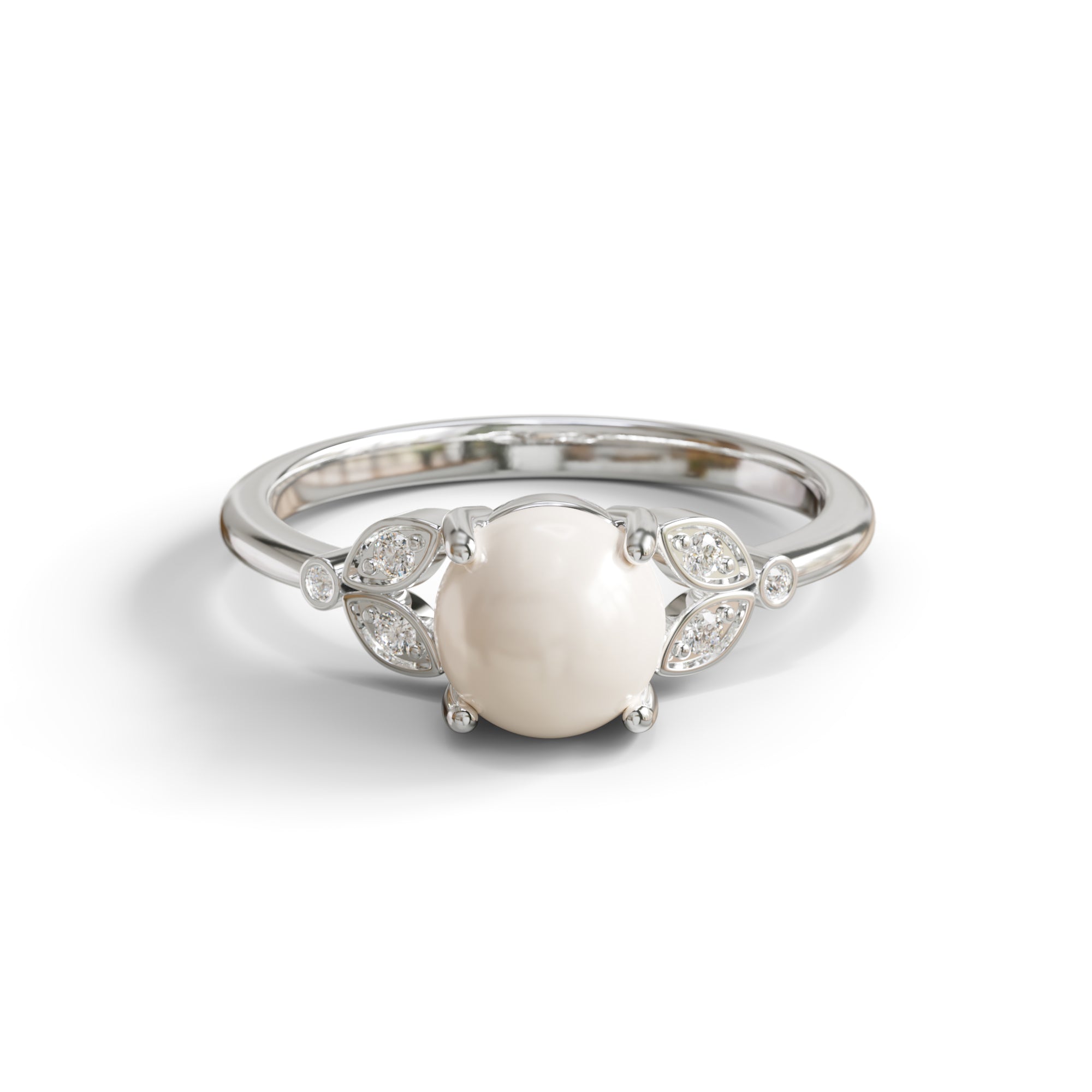 Pearl With Round Moissanite Leaf Inspire Minimalist Ring
