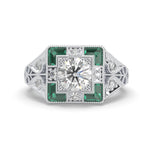 Elegant ring with diamond and emerald stones on a white background, Engraved Filigree Edwardian Ring – 1920s Art Deco Inspired Vintage Engagement Ring, Circa 1920 Engraved Shank Ring – Art Deco Edwardian Style Filigree Band