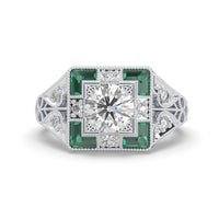 Elegant ring with diamond and emerald stones on a white background, Engraved Filigree Edwardian Ring – 1920s Art Deco Inspired Vintage Engagement Ring, Circa 1920 Engraved Shank Ring – Art Deco Edwardian Style Filigree Band