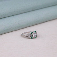 Silver ring with green gemstones on a light gray background, Art Deco Wedding Ring, Filigree Engagement Ring, Edwardian Style Bridal Ring