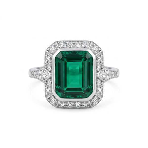Emerald Cut Green CZ Halo Statement Ring
