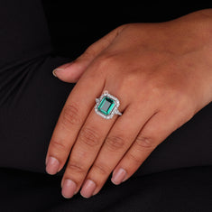 Emerald Cut Green CZ Halo Statement Ring - alternate view