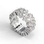 Silver ring with embedded diamonds on a white background, Bubble Bezel Set Round Moissanite Eternity Wedding Band, Stackable Anniversary Ring For Women, Round Cut Moissanite Wedding Ring