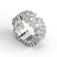 Silver ring with embedded diamonds on a white background, Bubble Bezel Set Round Moissanite Eternity Wedding Band, Stackable Anniversary Ring For Women, Round Cut Moissanite Wedding Ring