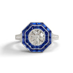 Elegant ring with blue gemstone and diamond on a white background, Octagon Shape Sapphire Art Deco Vintage Ring, Double Halo CZ Gemstone Statement Ring, Fancy CZ & Round Stone Cocktail Ring for Women