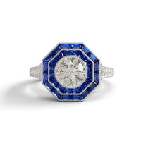 Elegant ring with blue gemstone and diamond on a white background, Octagon Shape Sapphire Art Deco Vintage Ring, Double Halo CZ Gemstone Statement Ring, Fancy CZ & Round Stone Cocktail Ring for Women