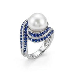Pearl & Blue CZ Designer Statement Cocktail Ring