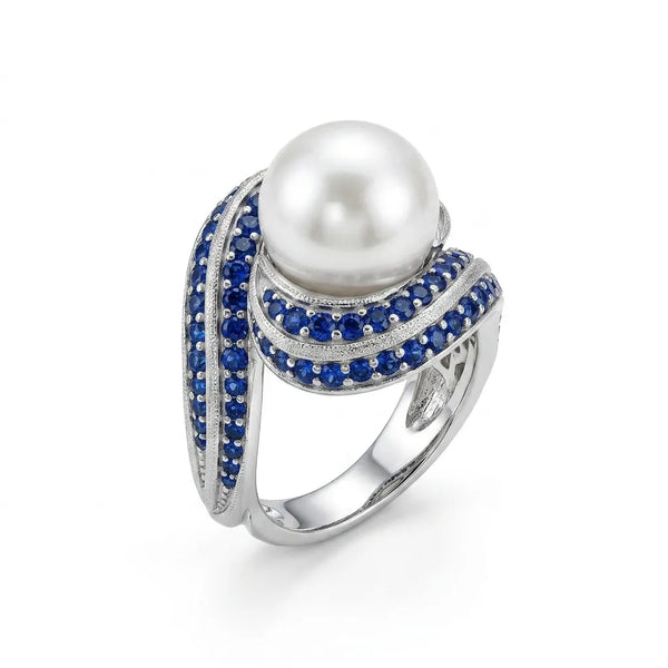 Pearl & Blue CZ Designer Statement Cocktail Ring