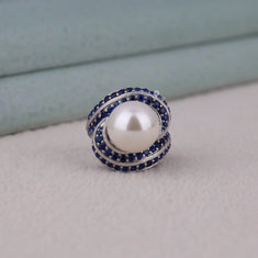 Pearl & Blue CZ Designer Statement Cocktail Ring - alternate view