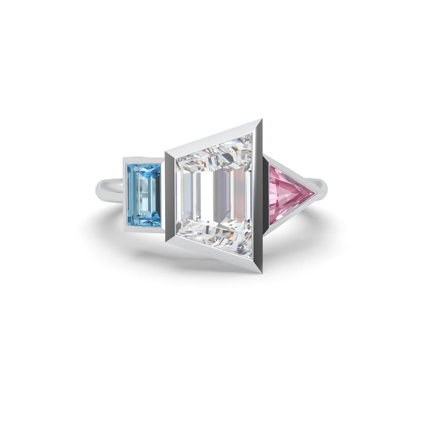 Fancy Pink, White & Aquamarine CZ Bezel Set Three Stone Ring | 925 Sterling Silver | US 6