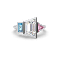 Fancy Pink, White & Aquamarine CZ Bezel Set Three Stone Ring | 925 Sterling Silver | US 6