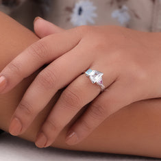 Fancy Pink, White & Aquamarine Color CZ Stone Bezel Set Three Stone Ring - alternate view