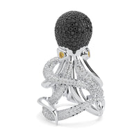 Elegant ring with black gemstone and silver band on a white background, Black & White CZ Octopus Ring, Ocean-Inspired Animal Statement Jewelry