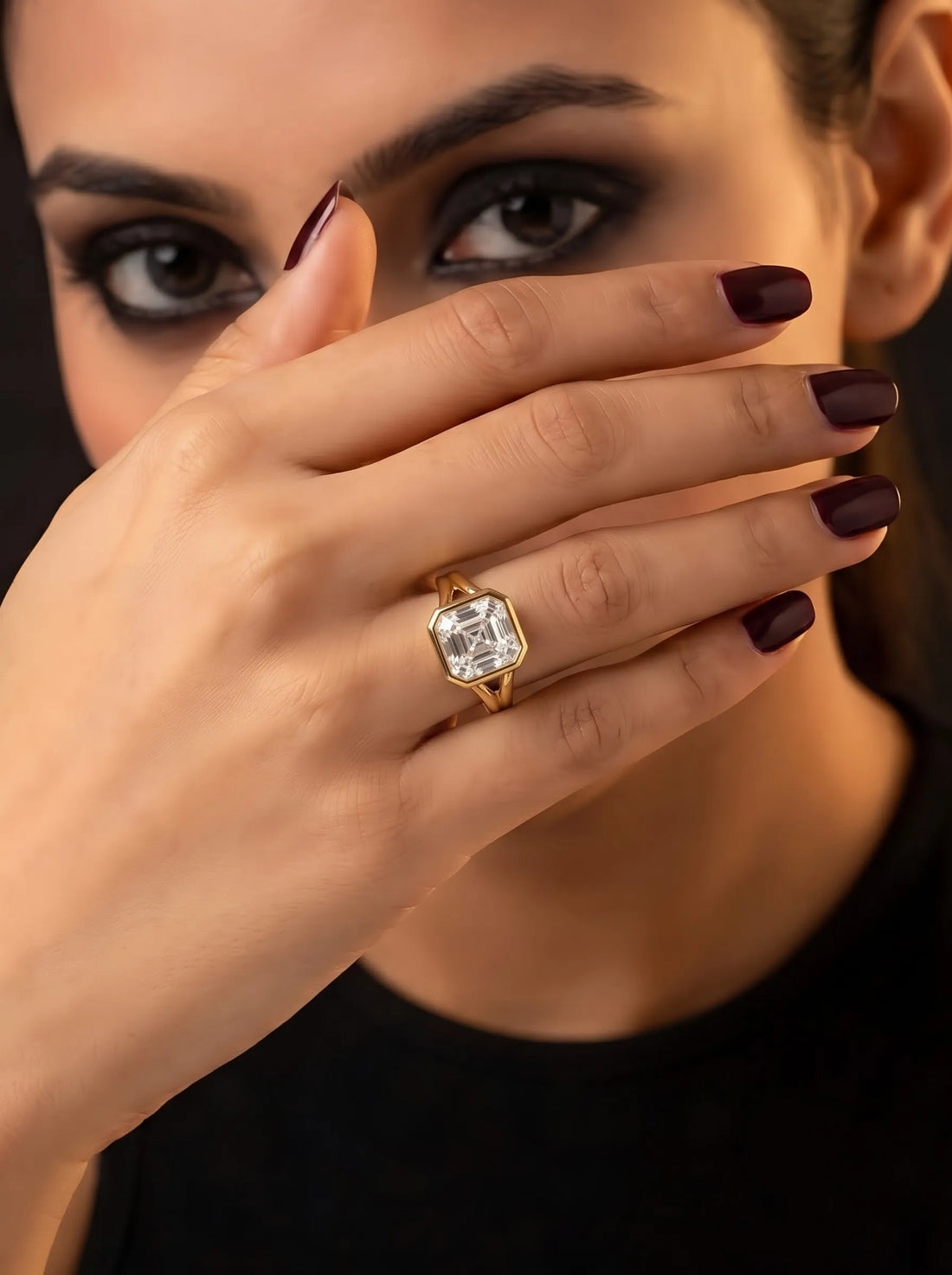 OctaPearl 1 ct Bezel Set Asscher Lab Grown Diamond Split Shank Solitaire Engagement Ring