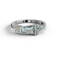 Aquamarine Tapered Baguette & CZ Three Stone Promise Ring, Minimalist Engagement Jewelry