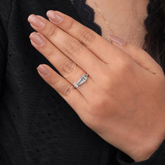 Aquamarine Tapered Baguette & CZ Three Stone Promise Ring, Minimalist Engagement Jewelry - alternate view