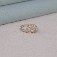 Gold ring with gemstones on a light gray surface, Round Moissanite Milgrain Antique Edwardian Fan Inspire Ring, Edwardian Style Moissanite Engagement Ring, Antique Fan Inspired Wedding Ring, Vintage Moissanite Bridal Jewelry