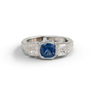 Sapphire Cushion & White Asscher Cut CZ Three Stone Art Deco Vintage Style Ring