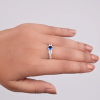 Silver ring with a blue gemstone on a hand against a gray background, Sapphire Cushion Cut Ring,Asscher Cut CZ Ring