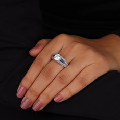 Round CZ Center with Blue Baguette Side Vintage Band Ring - alternate view