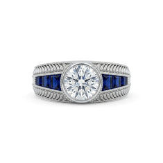 Round CZ Center with Blue Baguette Side Vintage Band Ring