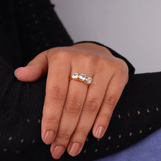 Half Bezel Set Cushion Cut Moissanite Three Stone Engagement Ring - alternate view