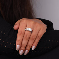 Hand wearing a silver ring with a diamond on a dark background, Vintage Princess Cut Moissanite Engagement Ring – Antique Style Wedding Jewelry