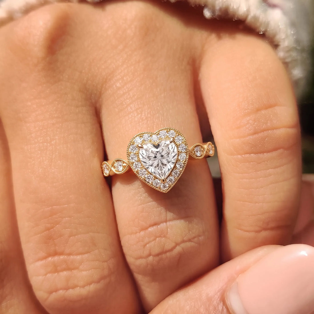 OctaPearl 1 ct Heart Cut Halo Lab Grown Diamond Vintage Pave Engagement Ring