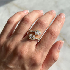 OctaPearl Emerald & Pear Two Stone Halo lab Grown Diamond Open Gap Bypass Pave Ring - alternate view