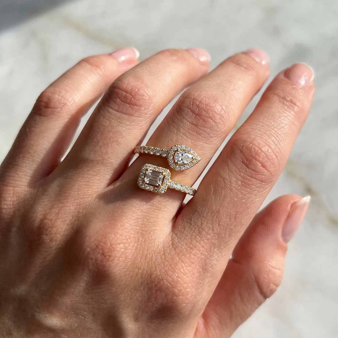 OctaPearl Emerald & Pear Two Stone Halo lab Grown Diamond Open Gap Bypass Pave Ring