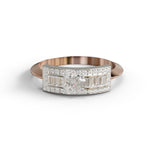 Rose gold and silver ring with diamond accents on a white background, East-West Oval Moissanite Engagement Ring with Baguette Accents,  Knife Edge Band, Modern Lab Diamond Bridal Ring