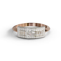 Rose gold and silver ring with diamond accents on a white background, East-West Oval Moissanite Engagement Ring with Baguette Accents,  Knife Edge Band, Modern Lab Diamond Bridal Ring