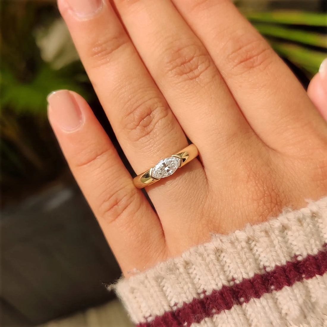OctaPearl Half Bezel Set East West Marquise Lab Grown Diamond Solitaire Engagement Ring