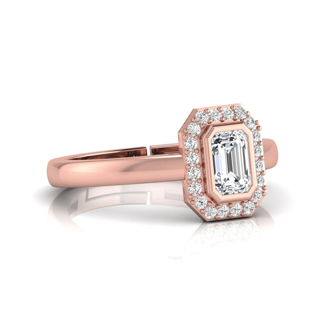 OctaPearl Emerald Cut Bezel Set Lab Grown Diamond Halo Engagement Ring