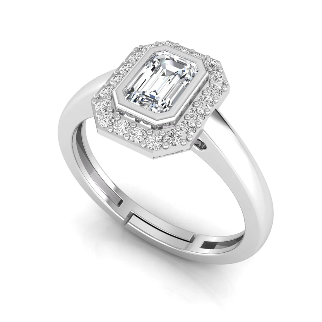 OctaPearl Emerald Cut Bezel Set Lab Grown Diamond Halo Engagement Ring