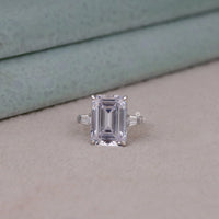 Emerald & Tapered Baguette Cut Moissanite Three Stone Engagement Ring, Past Present Future Bridal Ring, Elegant Emerald Cut Moissanite Wedding Band