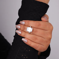 Luxury Moissanite Engagement Jewelry, Romantic Emerald Cut Wedding Ring For Bride, Brilliant Moissanite Three Stone Promise Ring